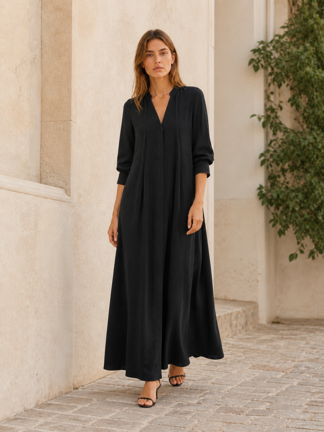 Black Loose Fit Maxi Dress with Long Sleeves – back view