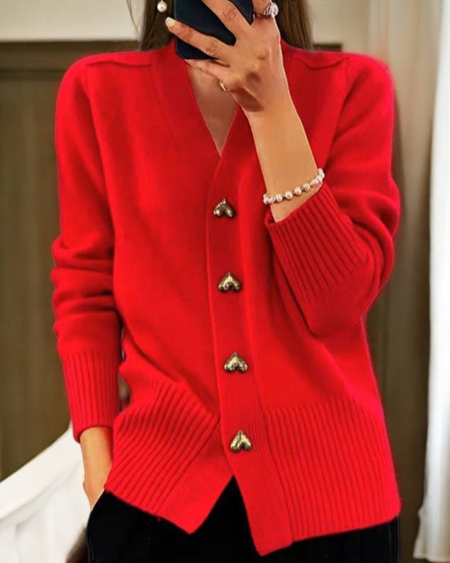 Adele Elegant Cardigan with Heart Buttons — detail view