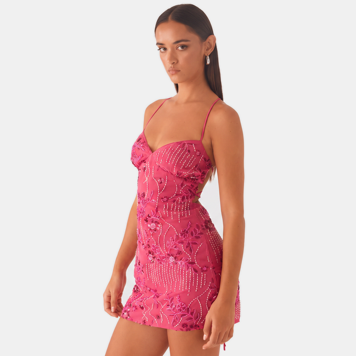 Marisol | Women's Open Back Sequin Floral Mini Homecoming Dress with Beaded Spaghetti Strap