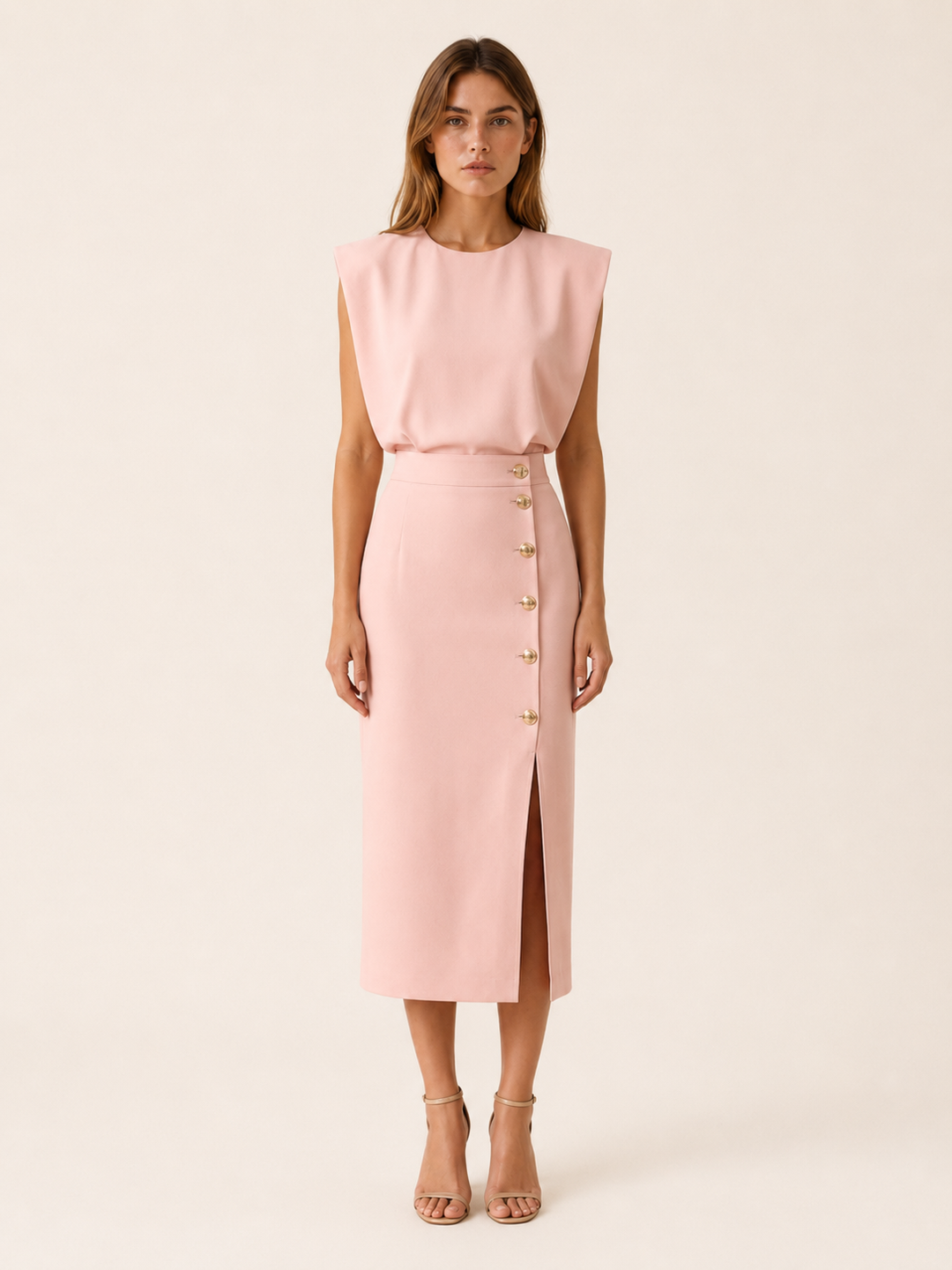 Pink Midi Dress with Button Slit and Round Neck – front view