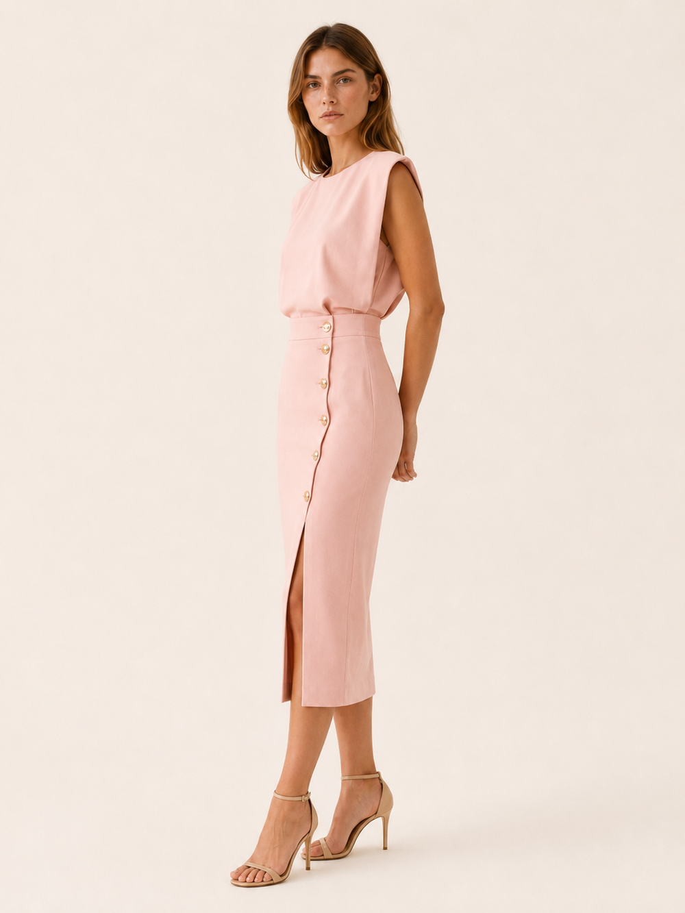 Beige Midi Dress with Button Slit and Round Neck – side view