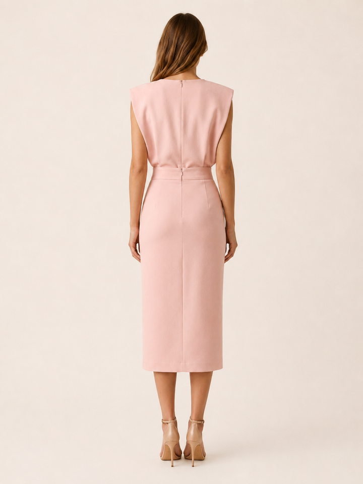 Pink Midi Dress with Button Slit and Round Neck – back view