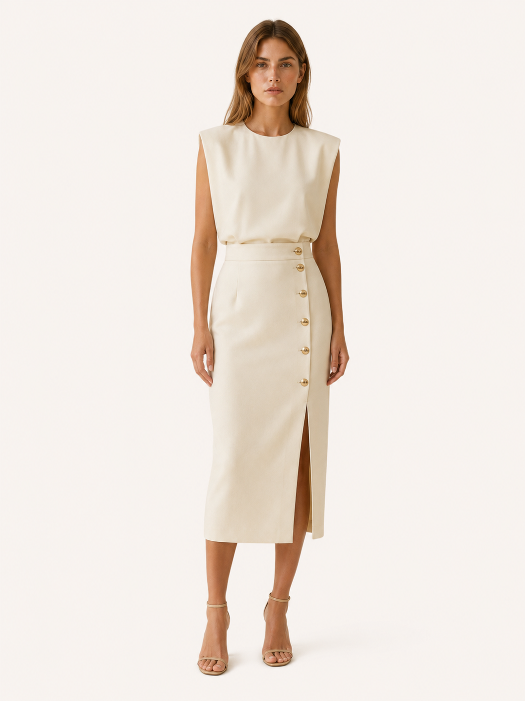 Beige Midi Dress with Button Slit and Round Neck – lifestyle