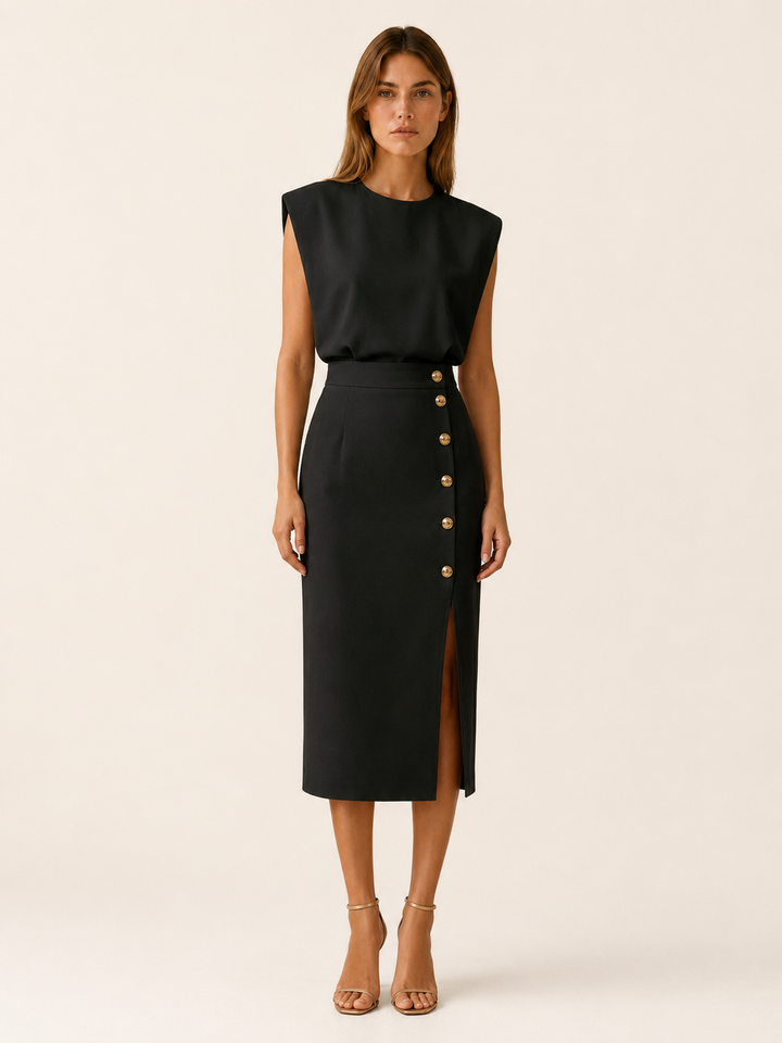 Pink Midi Dress with Button Slit and Round Neck – full length view