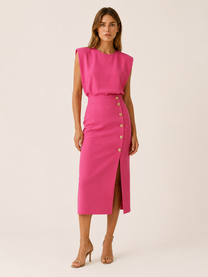 Pink Midi Dress with Button Slit and Round Neck – model view