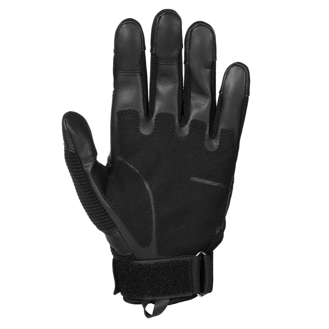Black Survival tactical gloves, worn on hand