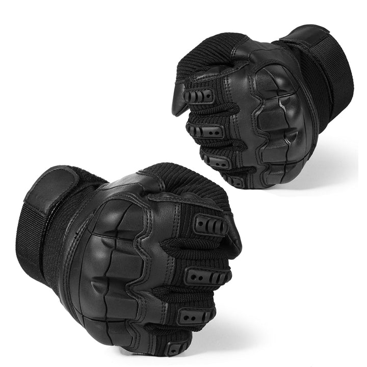 Black Survival tactical gloves, side view worn