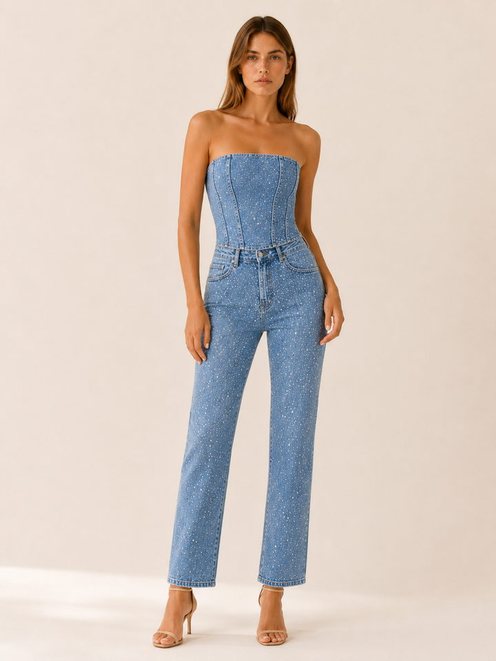 Tabitha | Glitter Denim Jumpsuit with Strapless Bodice