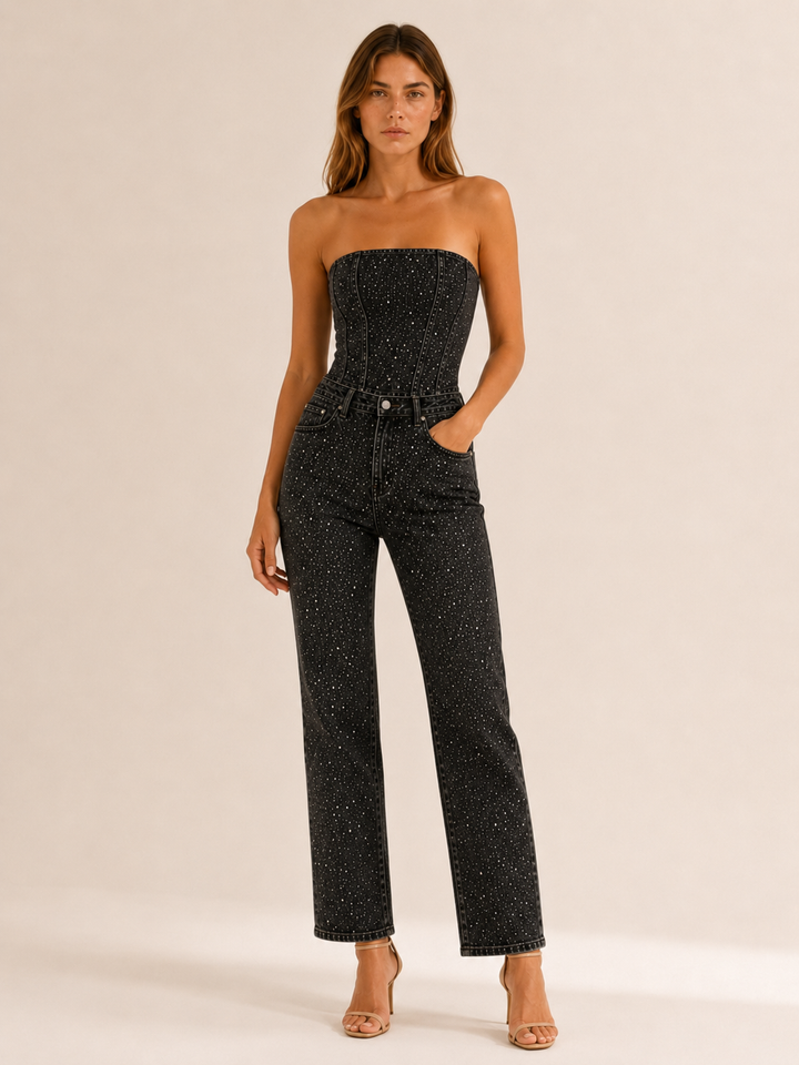 Tabitha | Glitter Denim Jumpsuit with Strapless Bodice