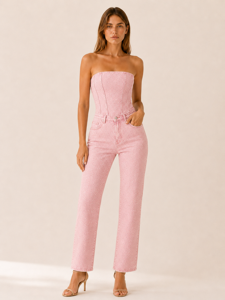 Tabitha | Glitter Denim Jumpsuit with Strapless Bodice