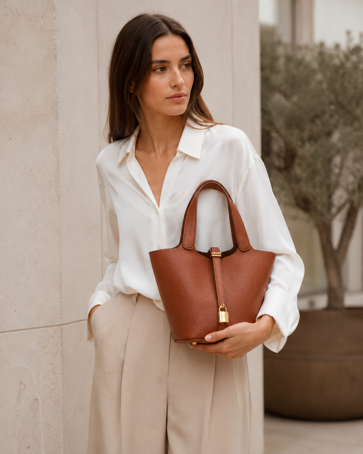Talia | Leather Bucket Bag with Gold Clasp