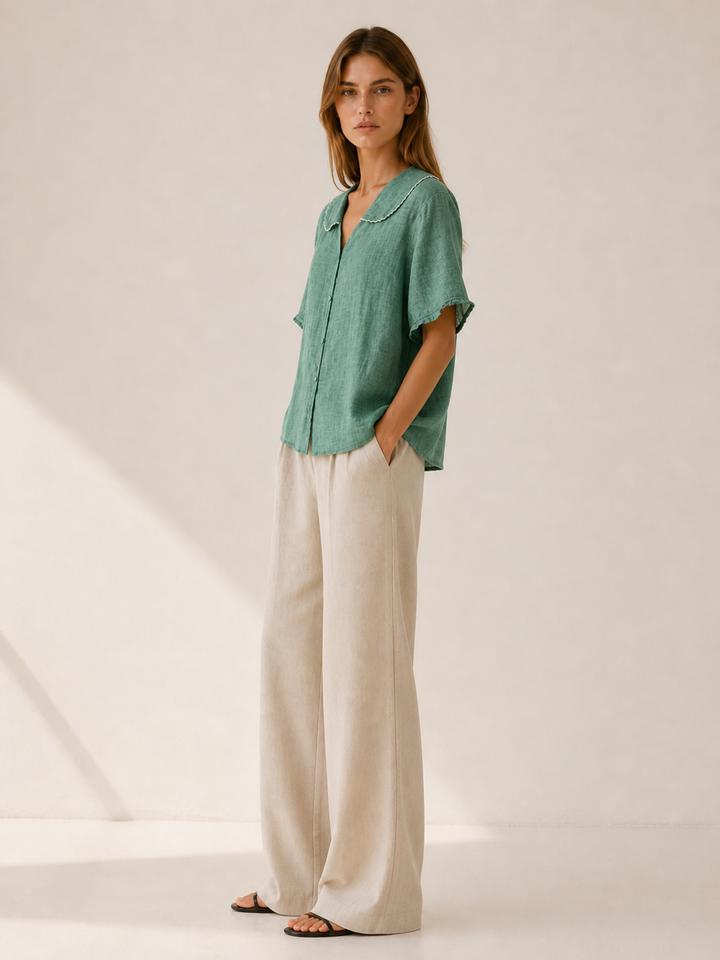 Peach Linen Blouse with Scalloped Collar and Button Front – side view