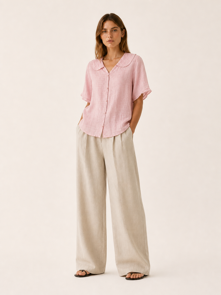 Blue Linen Blouse with Scalloped Collar and Button Front – lifestyle