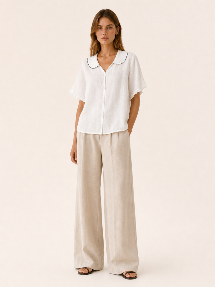 Green Linen Blouse with Scalloped Collar and Button Front – full length view