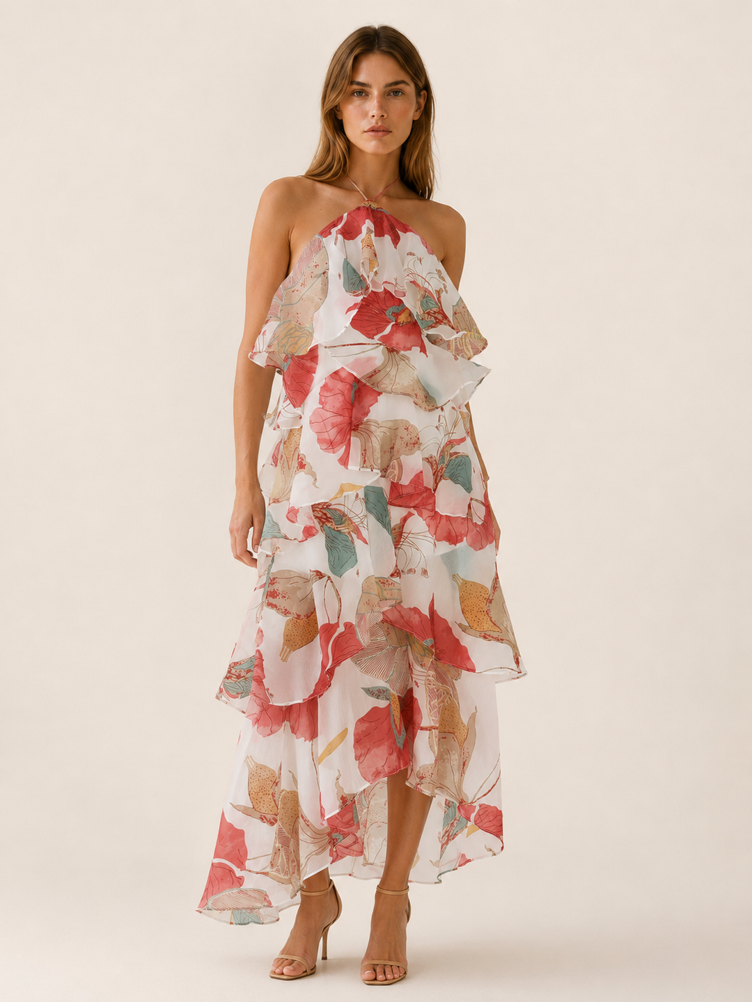 Red Floral Halterneck Maxi Dress with Ruffle Skirt – front view