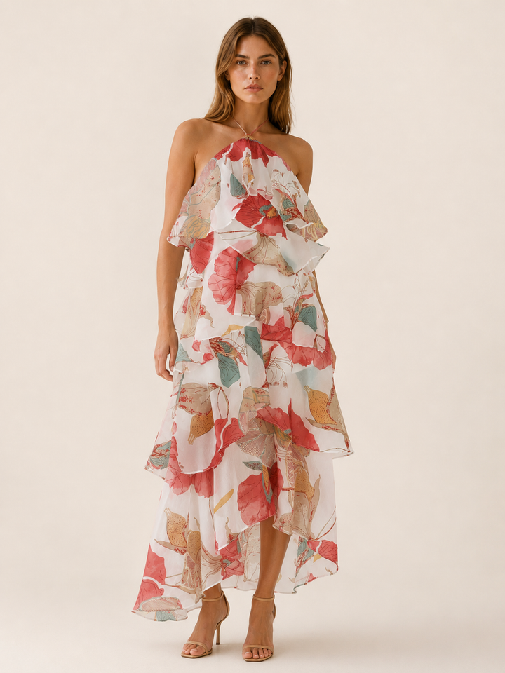 Red Floral Halterneck Maxi Dress with Ruffle Skirt – front view