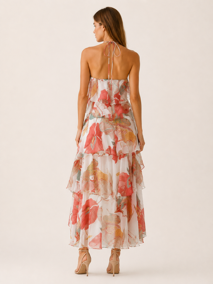 Red Floral Halterneck Maxi Dress with Ruffle Skirt – back view