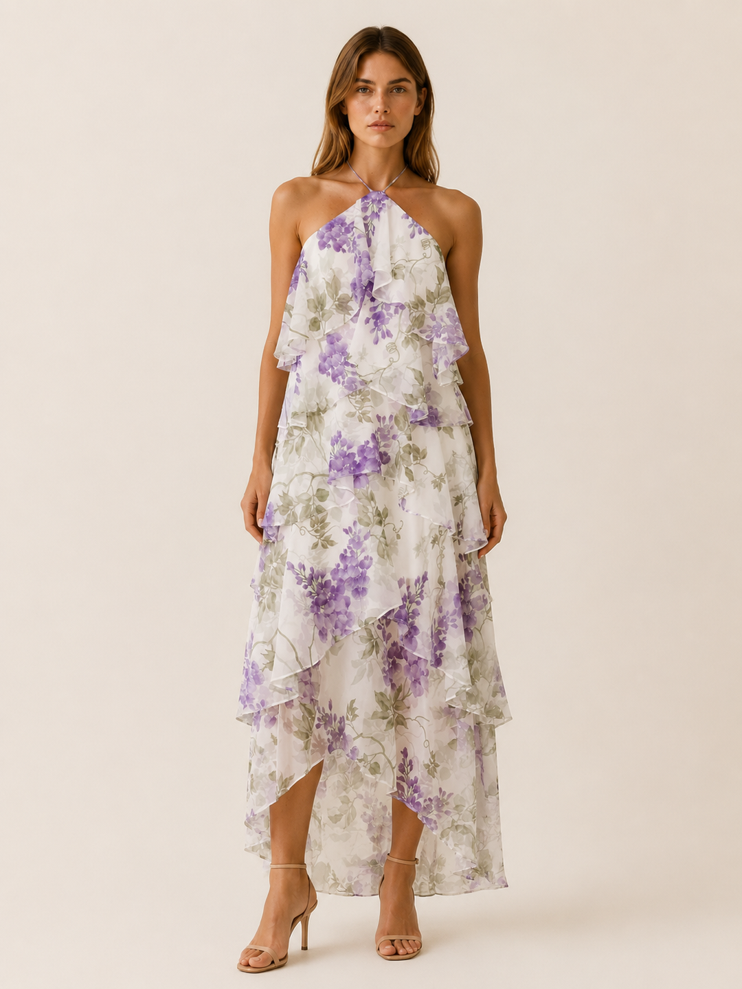 Red Floral Halterneck Maxi Dress with Ruffle Skirt – full length view
