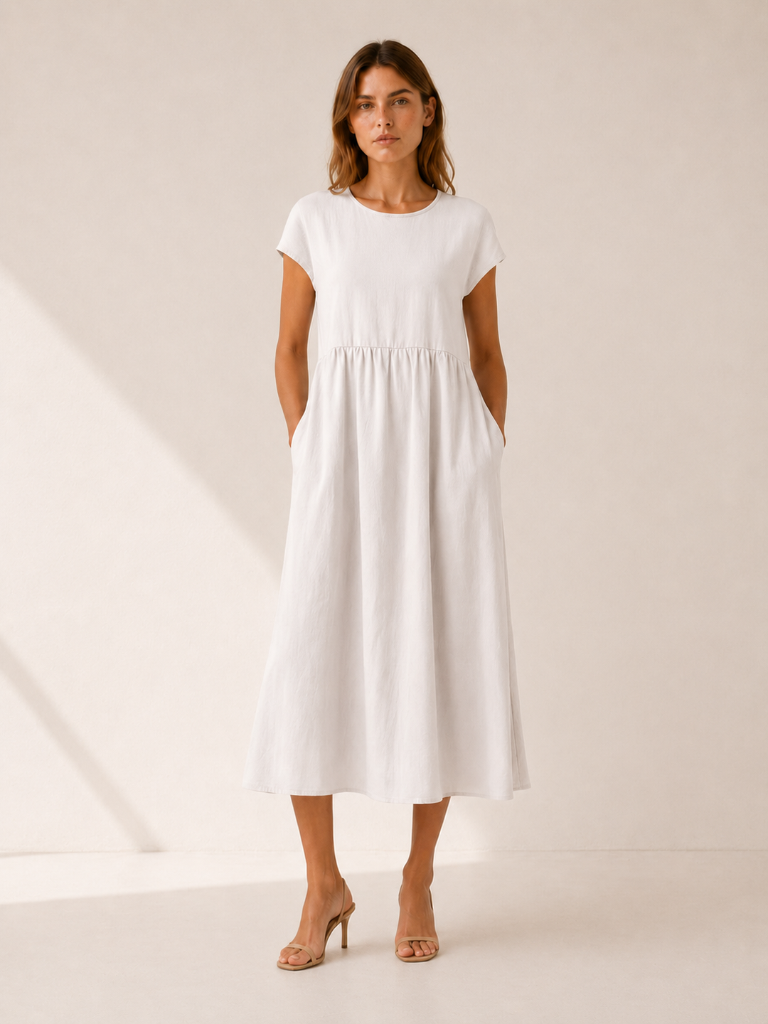 White Midi Dress with Gathered Waist – detail view