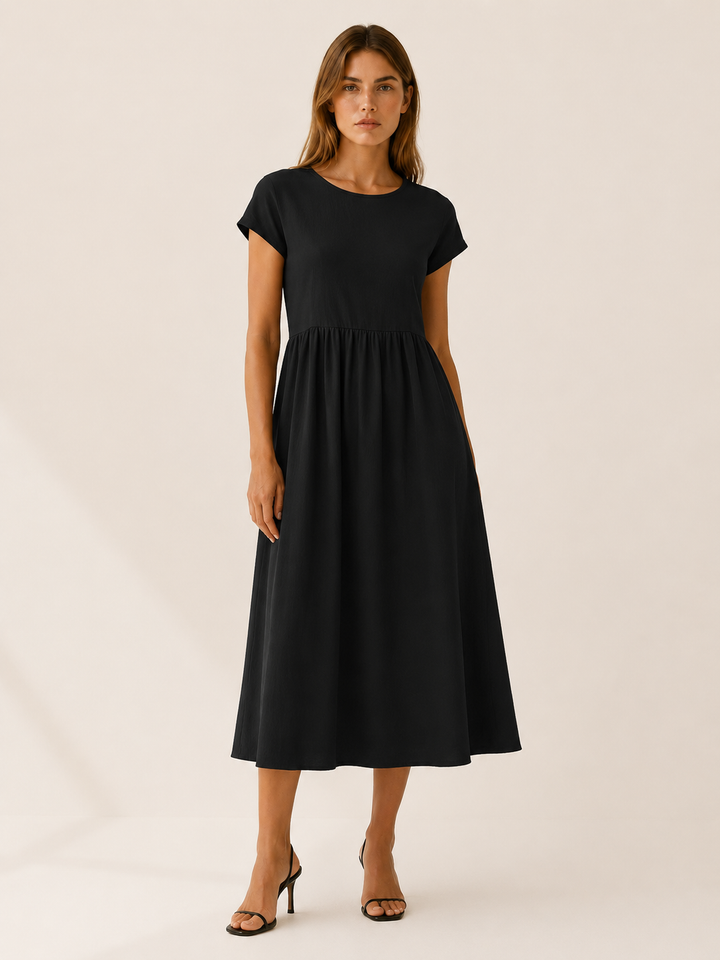 Olive Green Midi Dress with Gathered Waist – close-up