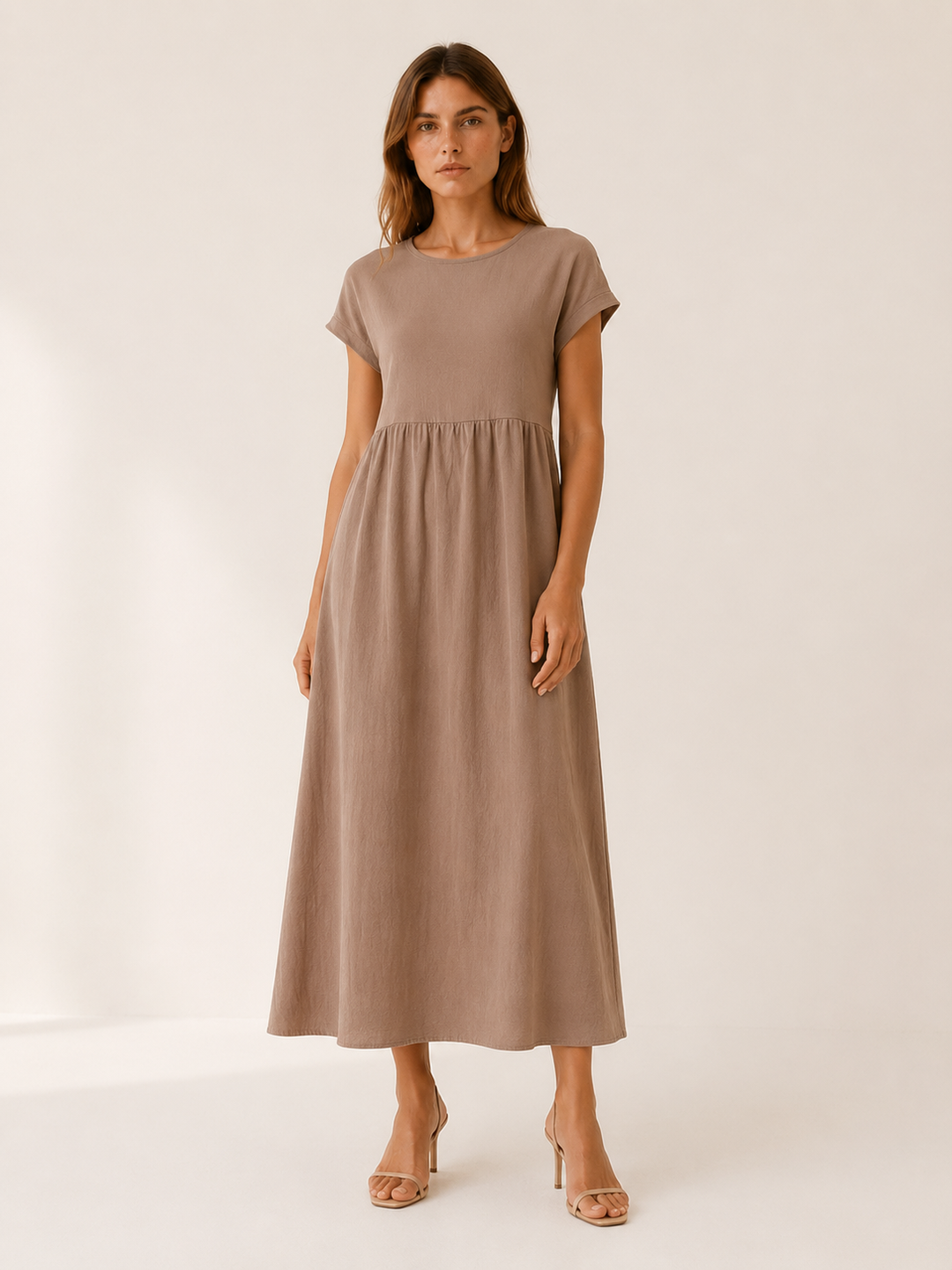 White Midi Dress with Gathered Waist – lifestyle