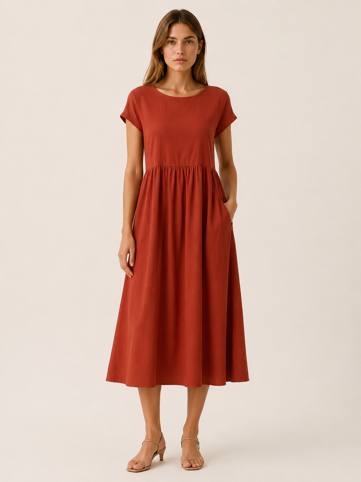 Olive Green Midi Dress with Gathered Waist – full length view