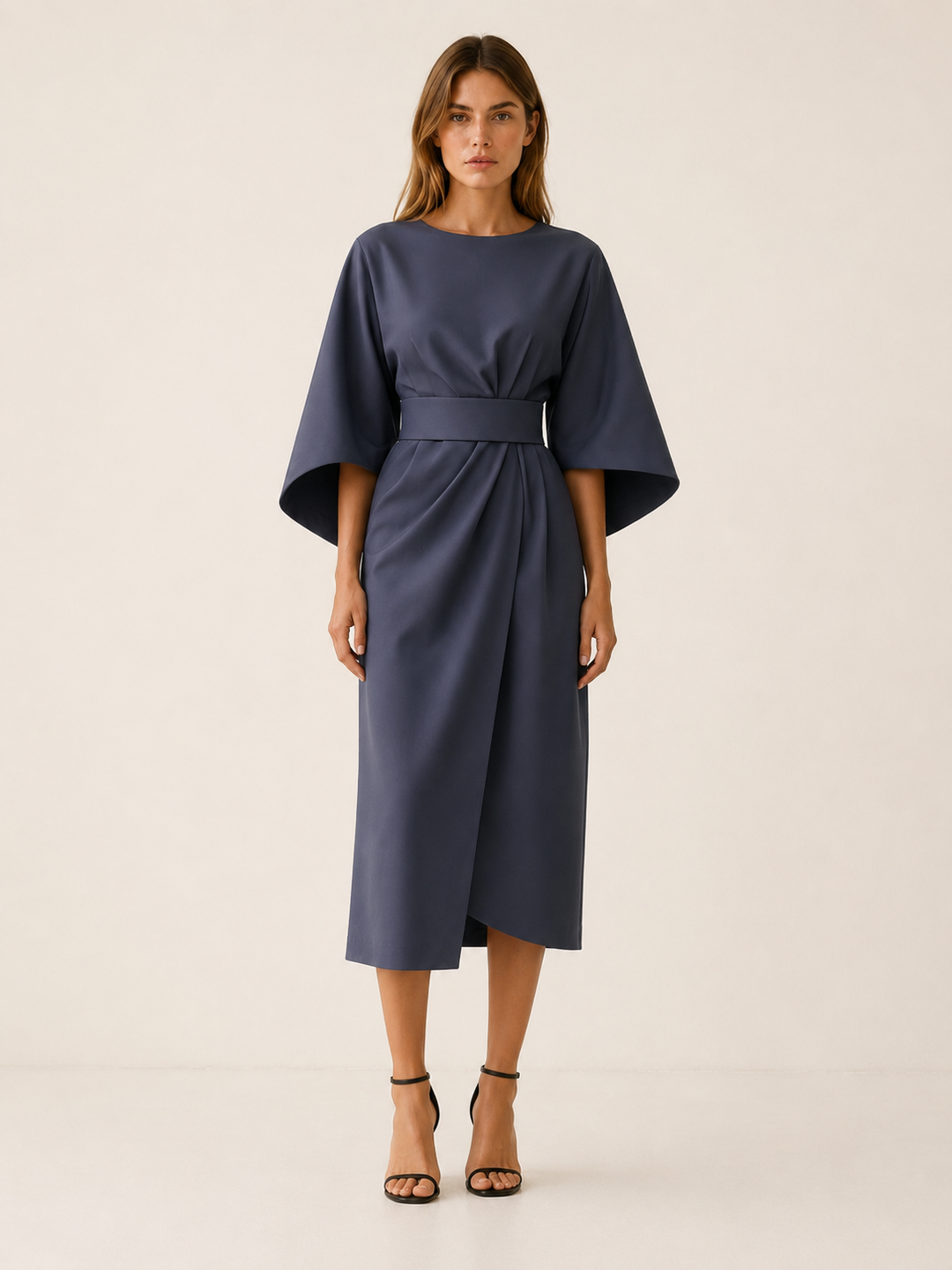 Blue Belted Midi Dress with Wide Sleeves – front view