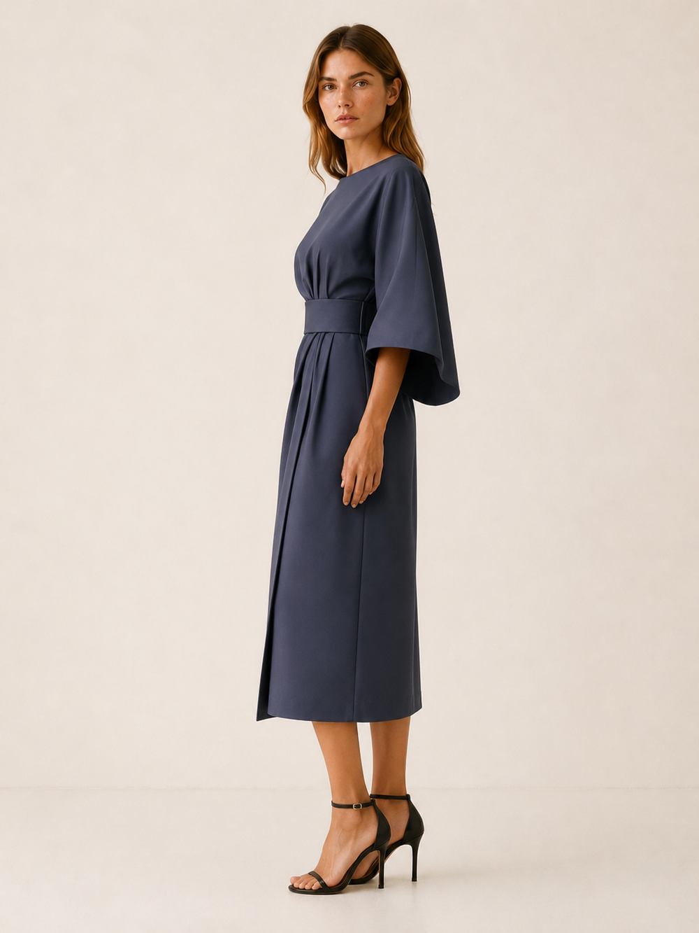 Burgundy Belted Midi Dress with Wide Sleeves – side view
