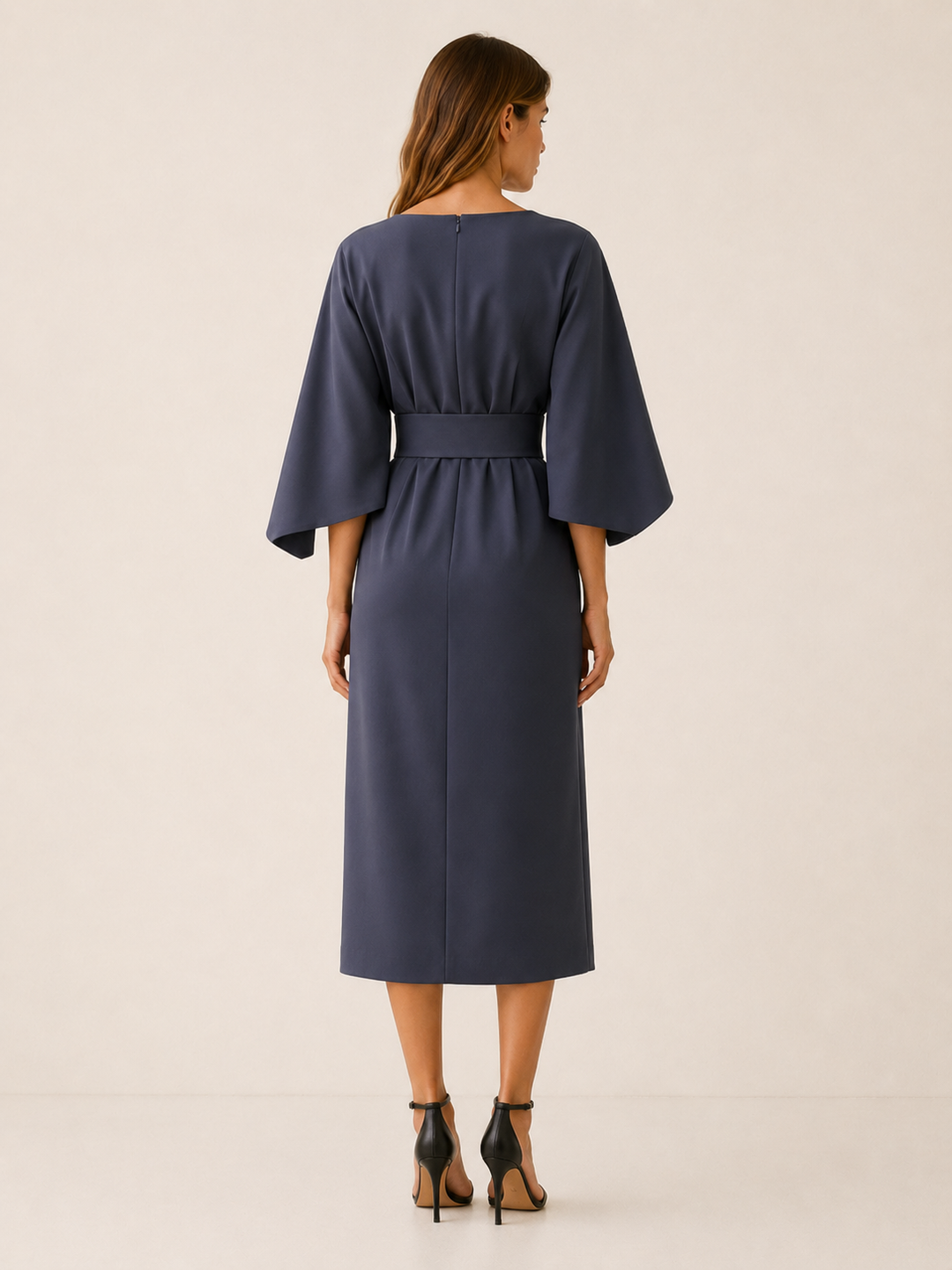 Blue Belted Midi Dress with Wide Sleeves – back view