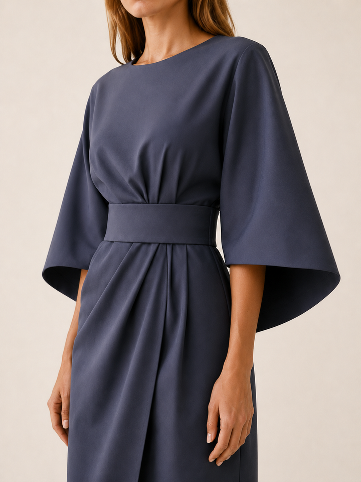 Burgundy Belted Midi Dress with Wide Sleeves – detail view