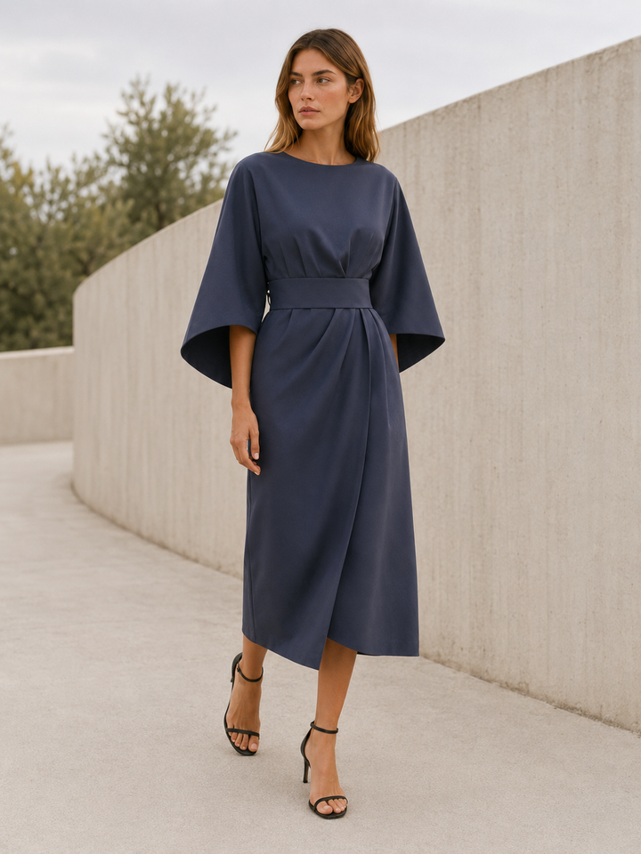 Blue Belted Midi Dress with Wide Sleeves – close-up