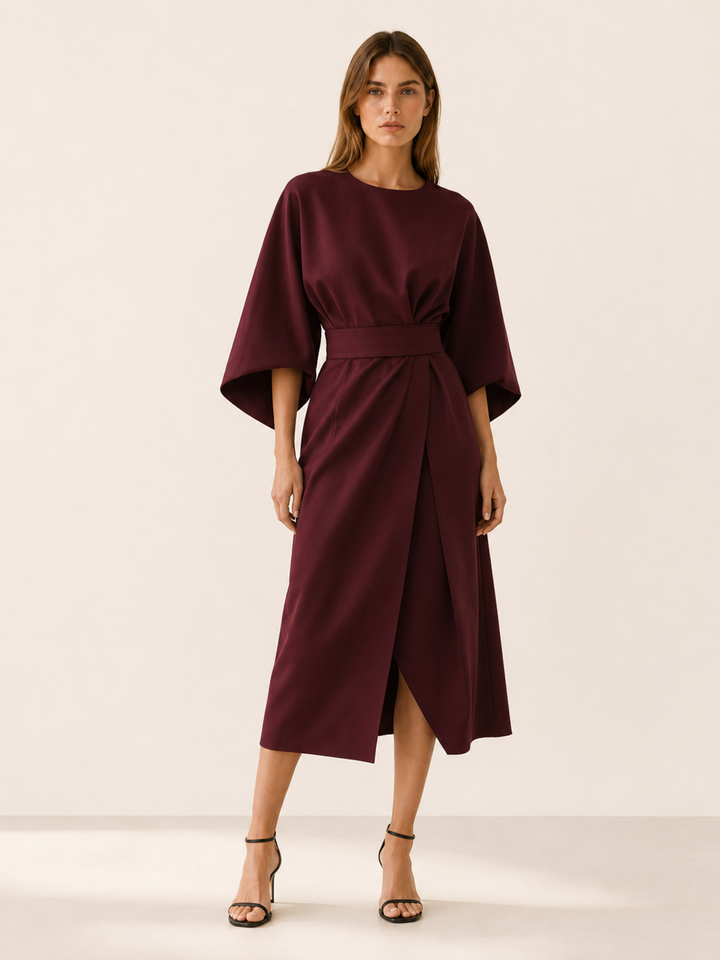 Burgundy Belted Midi Dress with Wide Sleeves – lifestyle