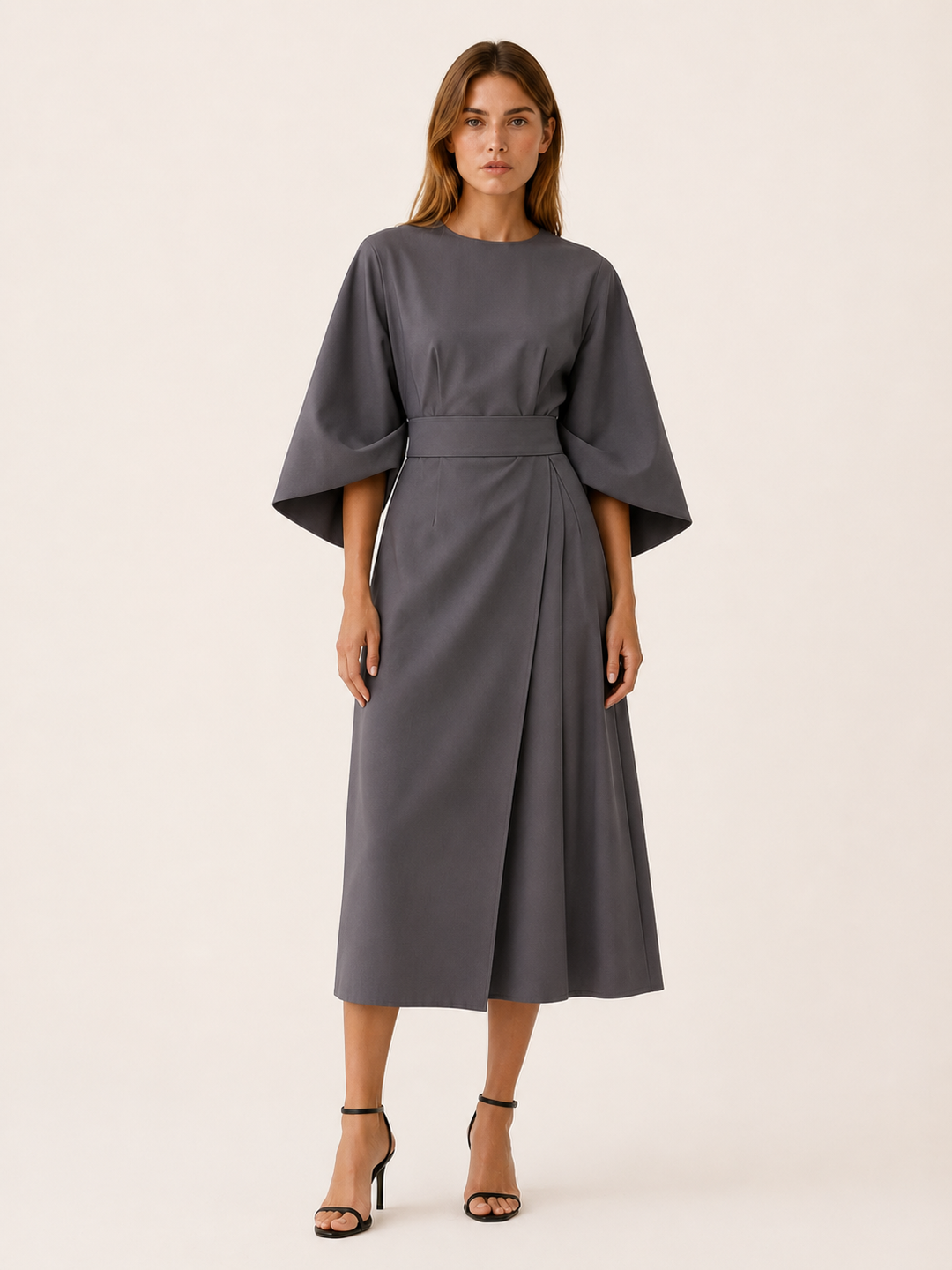 Blue Belted Midi Dress with Wide Sleeves – full length view
