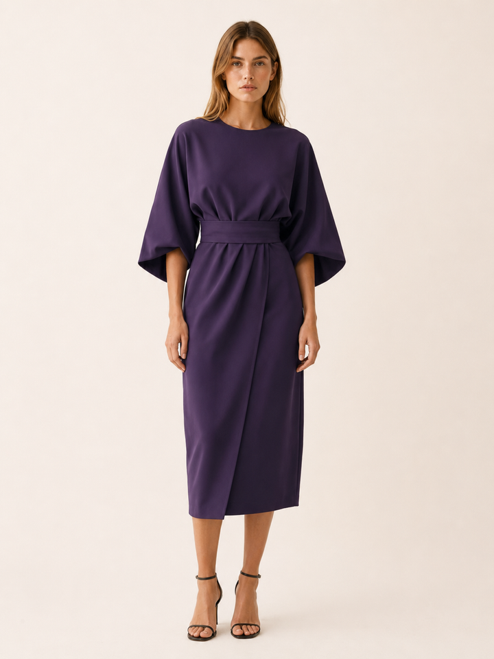 Burgundy Belted Midi Dress with Wide Sleeves – angled view