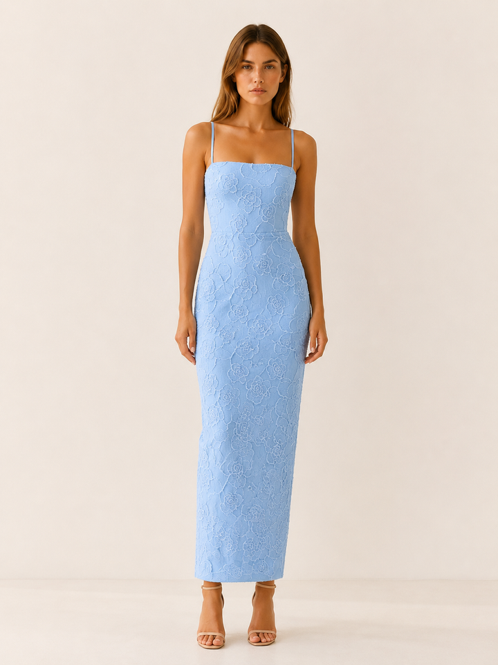 Blue Lace Maxi Dress with Slim Straps and Back Slit – front view