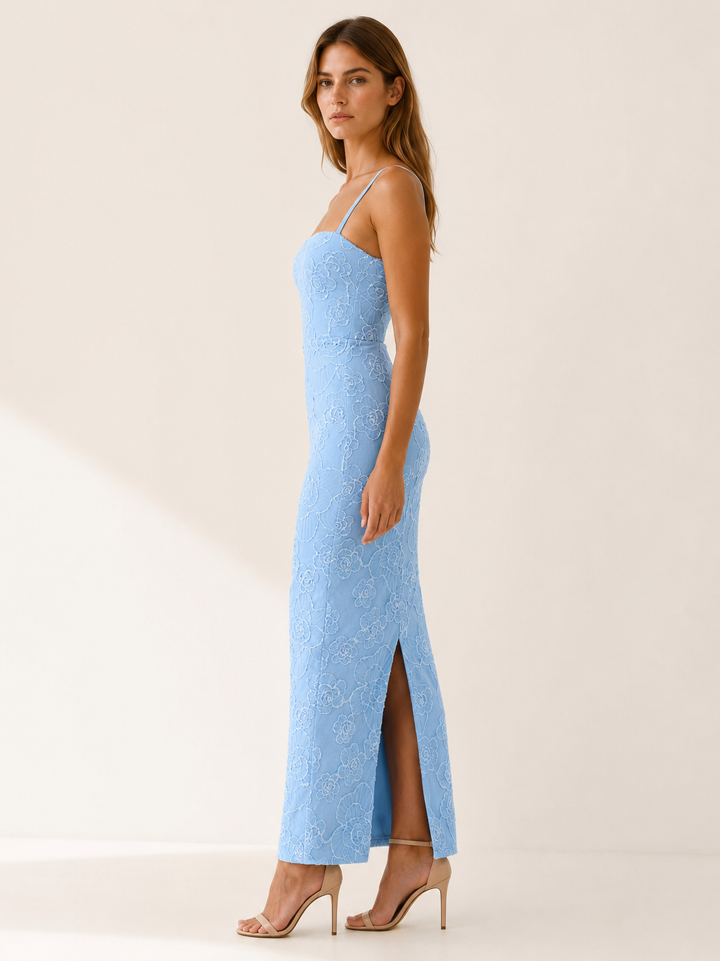 Blue Lace Maxi Dress with Slim Straps and Back Slit – side view