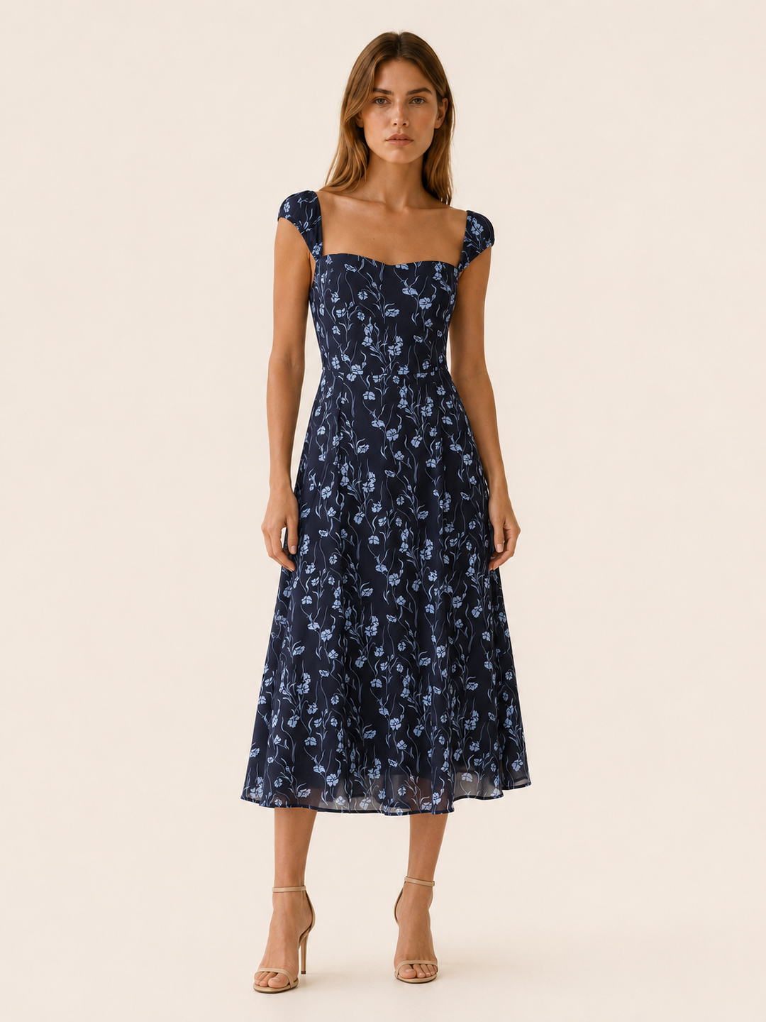 Navy Floral Midi Dress with Sweetheart Neck and A-Line Fit – front view