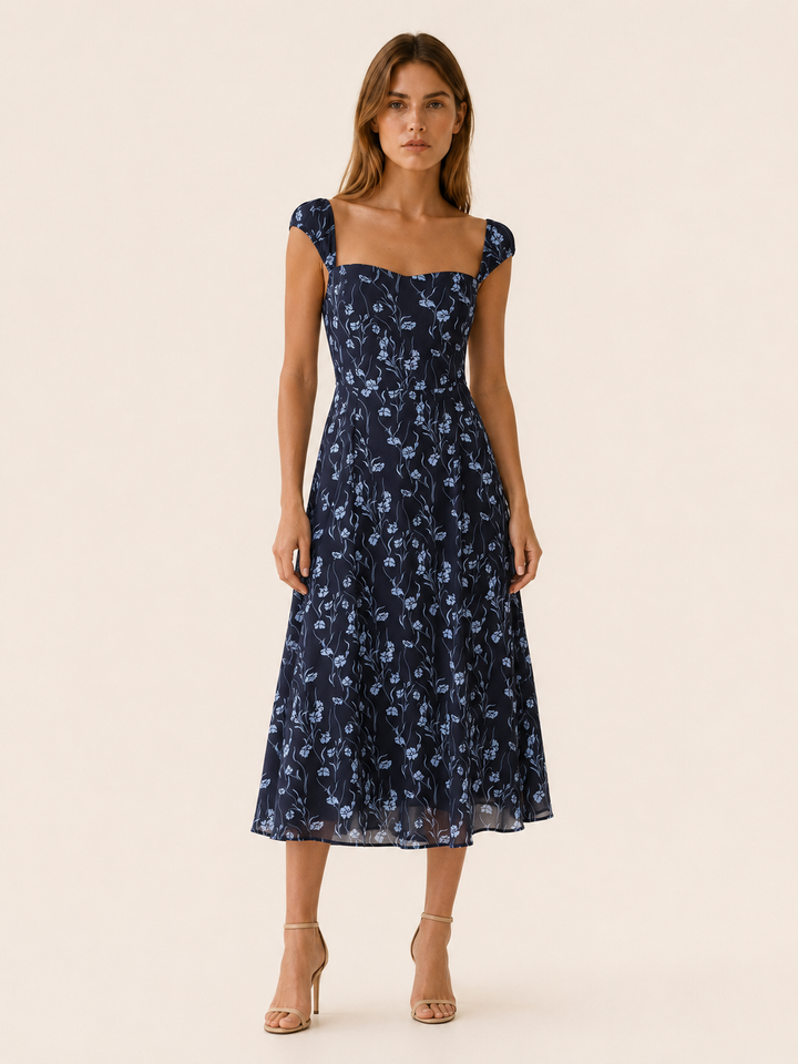 Navy Floral Midi Dress with Sweetheart Neck and A-Line Fit – front view