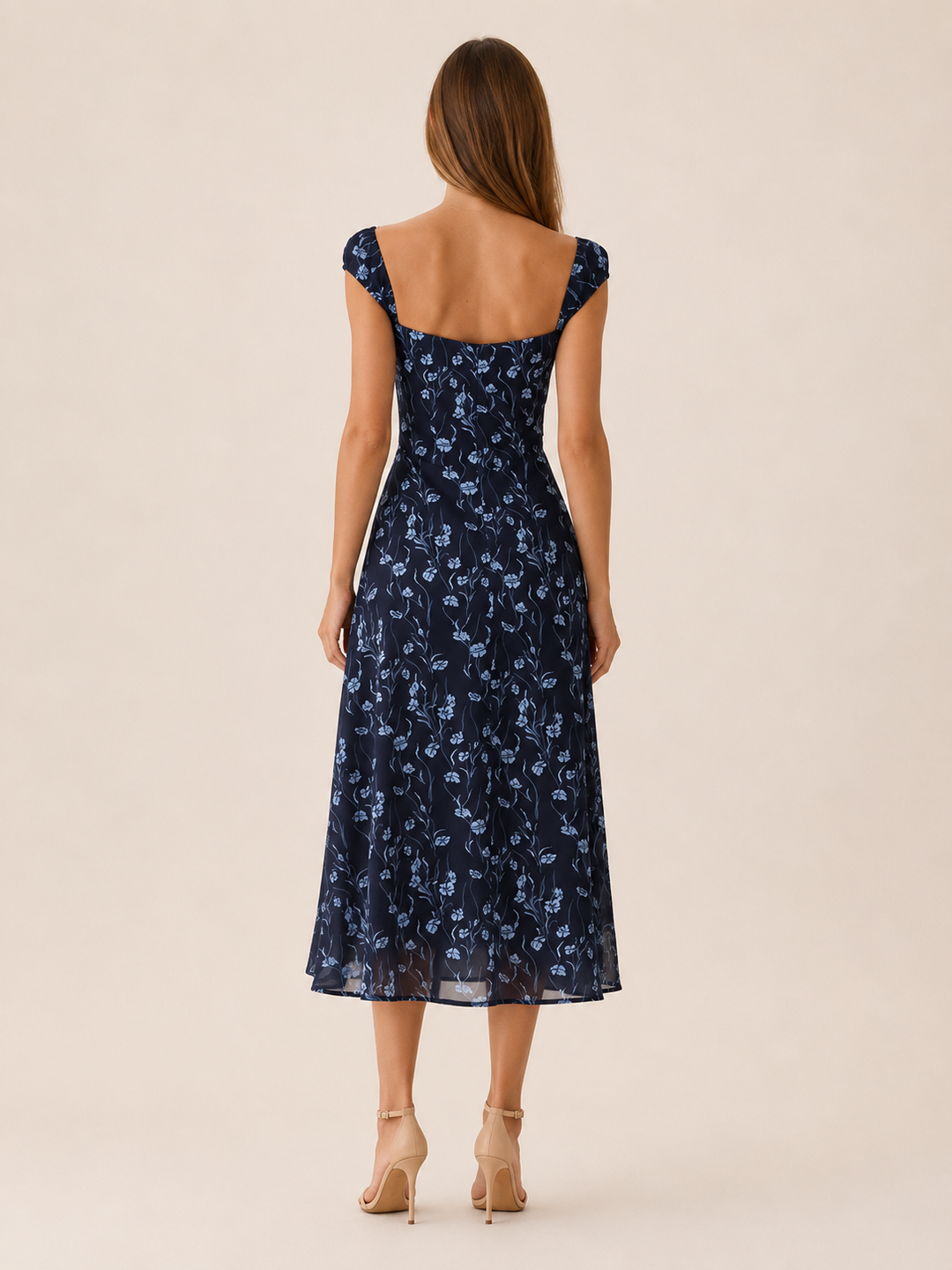 Navy Floral Midi Dress with Sweetheart Neck and A-Line Fit – side view