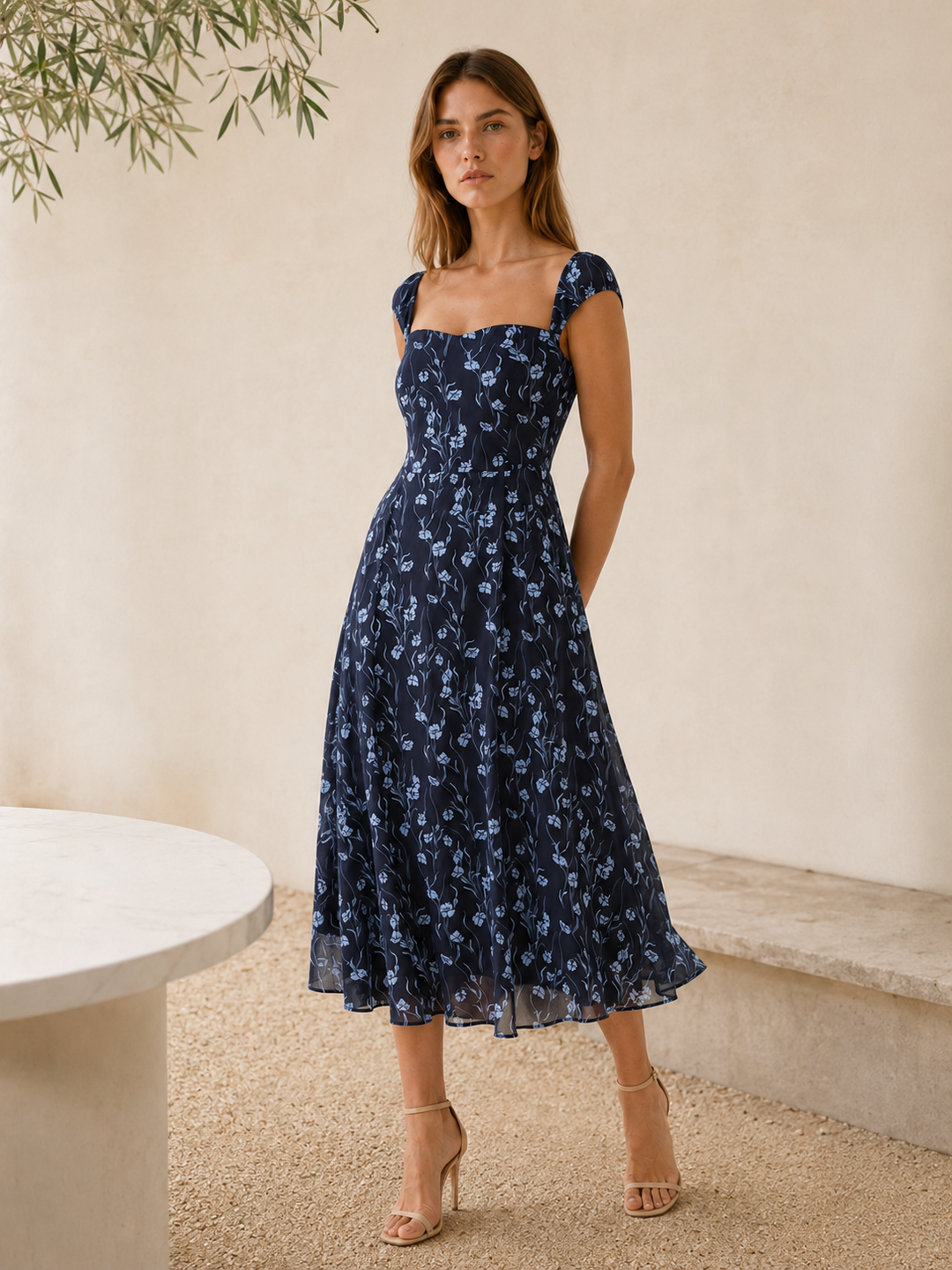 Navy Floral Midi Dress with Sweetheart Neck and A-Line Fit – back view