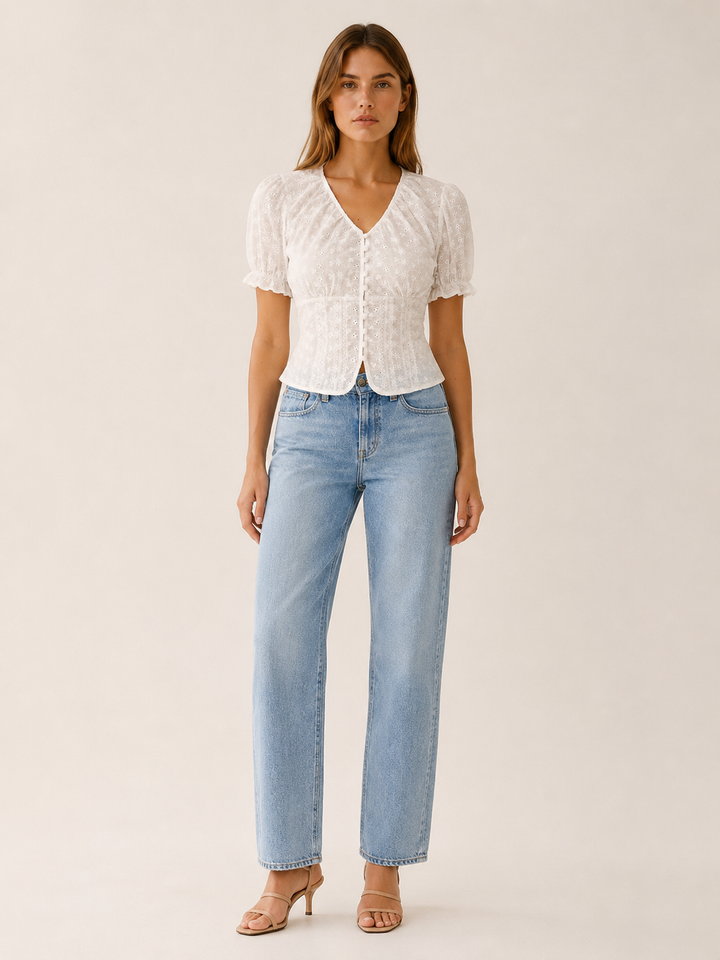 White Eyelet Blouse with Puff Sleeves and Tie Back – front view