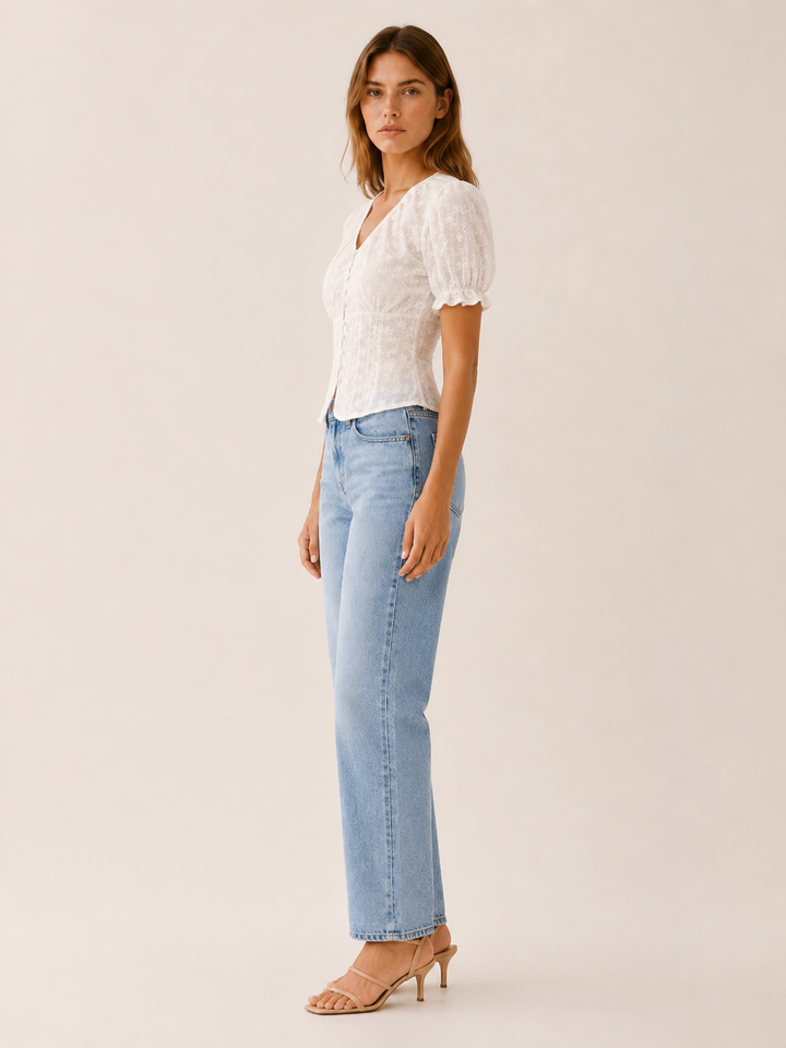 White Eyelet Blouse with Puff Sleeves and Tie Back – side view