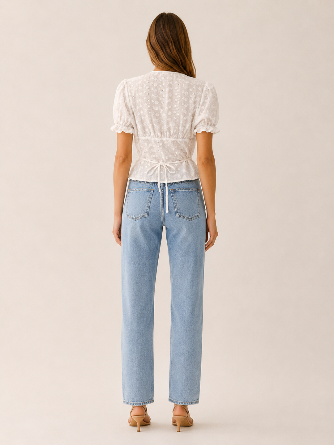 White Eyelet Blouse with Puff Sleeves and Tie Back – back view