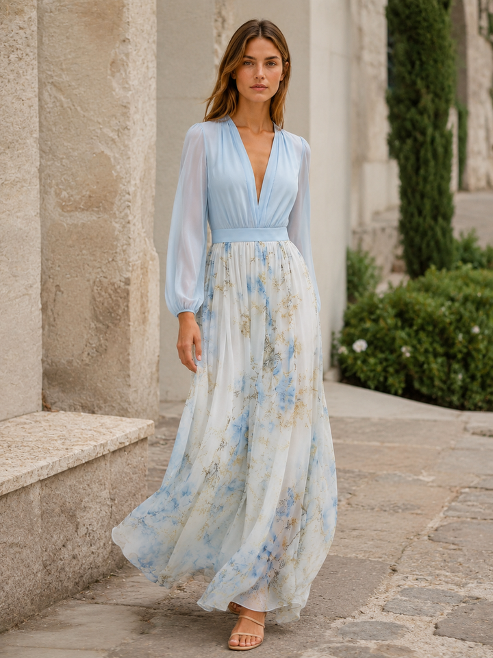 Light Blue Floral Maxi Dress with V Neck and Sheer Sleeves – close-up