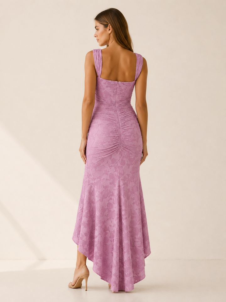 Pink Corset Maxi Dress with Ruched Waist and Mermaid Hem – back view