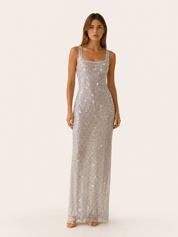 Silver Rhinestone Mesh Maxi Dress with Low Back – front view