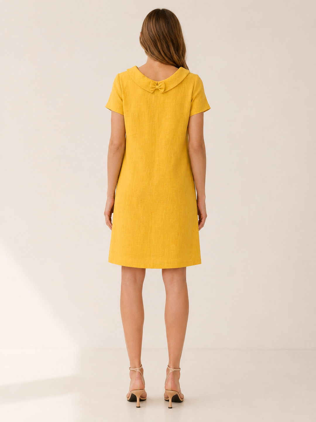 Pink Linen Cotton Mini Dress with Rolled Neckline – side view