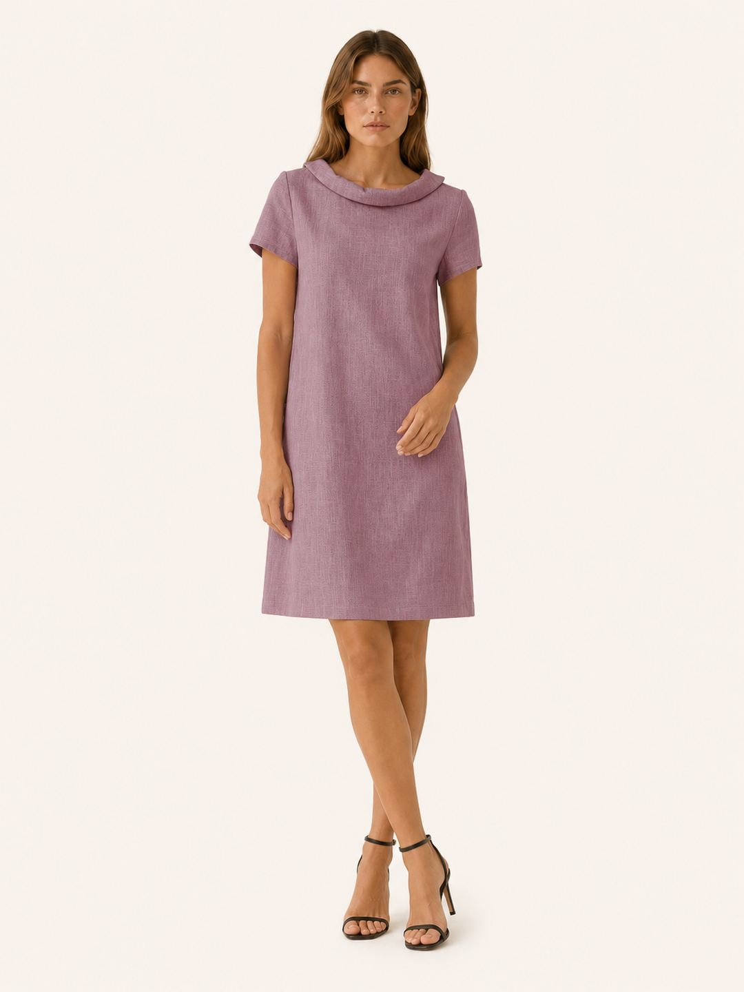 Pink Linen Cotton Mini Dress with Rolled Neckline – lifestyle
