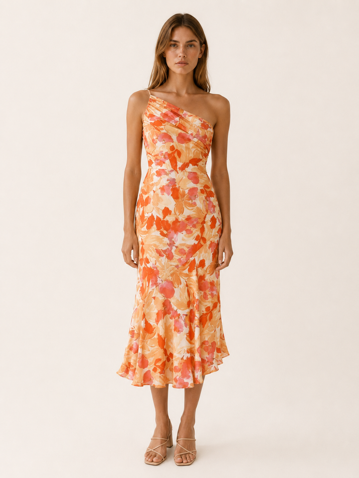 Orange Floral Midi Dress with One Shoulder Cut – front view