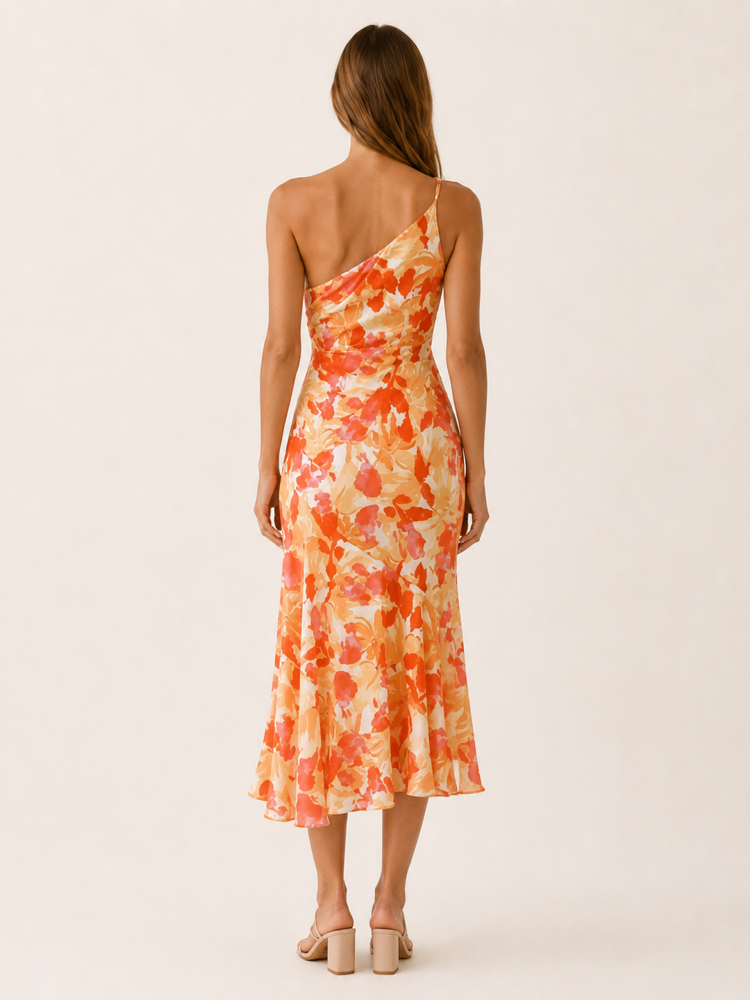 Pink Floral Midi Dress with One Shoulder Cut – side view